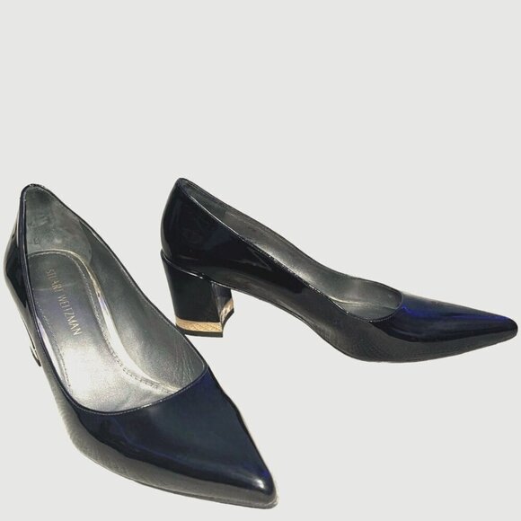 Stuart Weitzman Black Patent Leather Pointy Toe Pumps with Gold Band on Heel 9.5